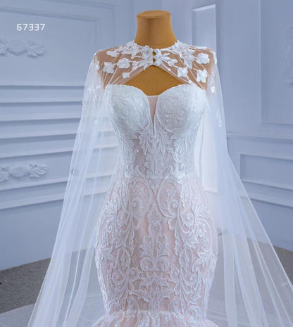 Vintage Strapless Mermaid Lace Wedding Dresses with High Neck Cape 67337-wedding dresses 2025 -Viniodress-Blush-Custom Size-