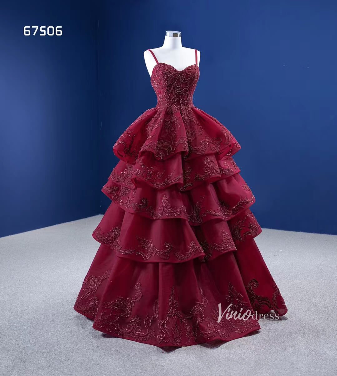 Vintage Tiered Prom Dresses Burgundy Formal Dress Lace Ball Gown 67506-Quinceanera Dresses 2025 -Viniodress-Burgundy-Custom Size-