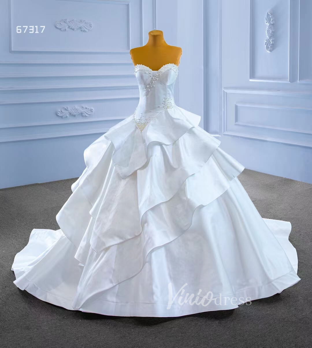 Vintage Tiered Satin Wedding Dress Ball Gown 67317-wedding dresses 2025 -Viniodress-Ivory-Custom Size-