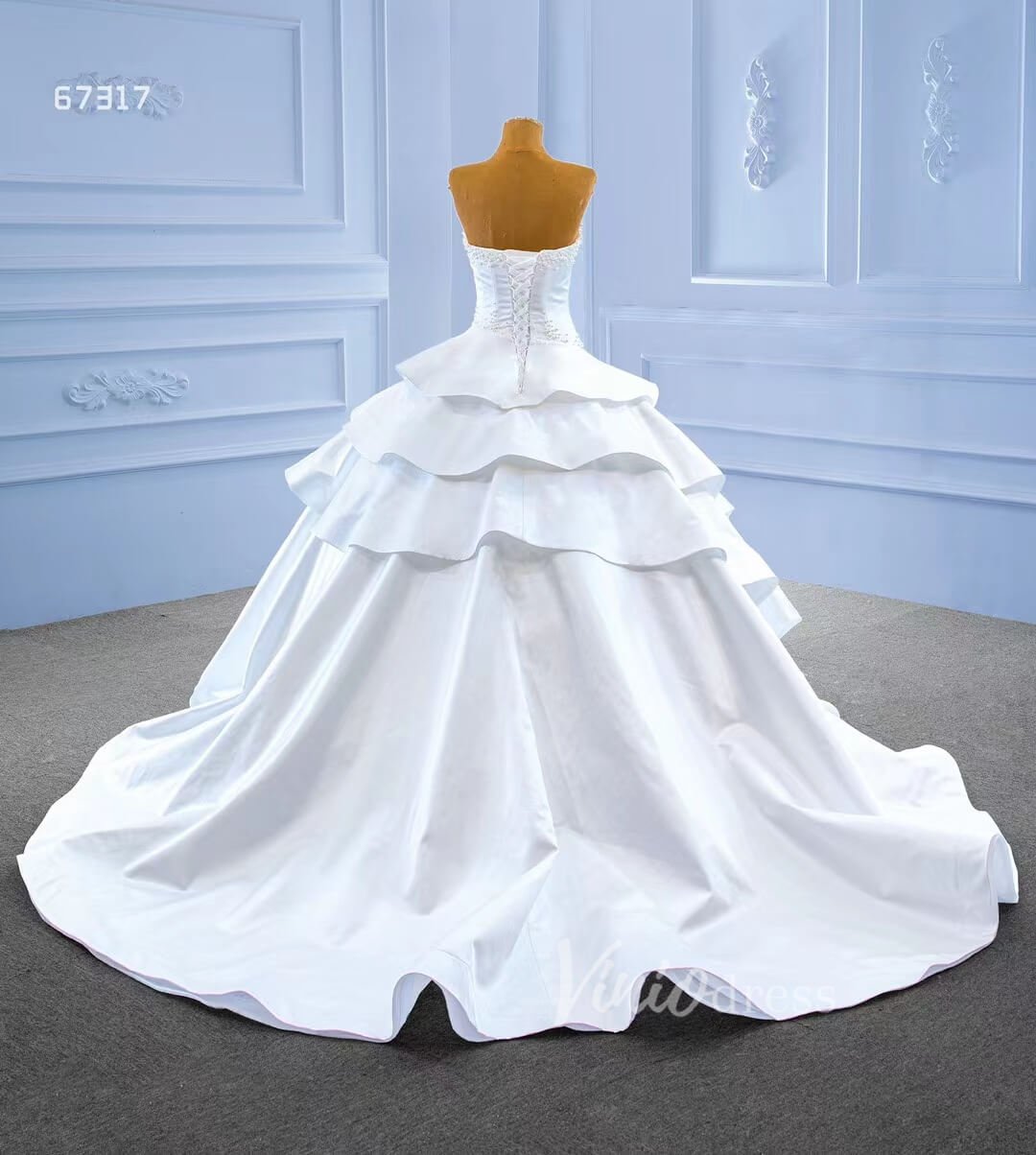 Vintage Tiered Satin Wedding Dress Ball Gown 67317-wedding dresses 2025 -Viniodress-Ivory-Custom Size-