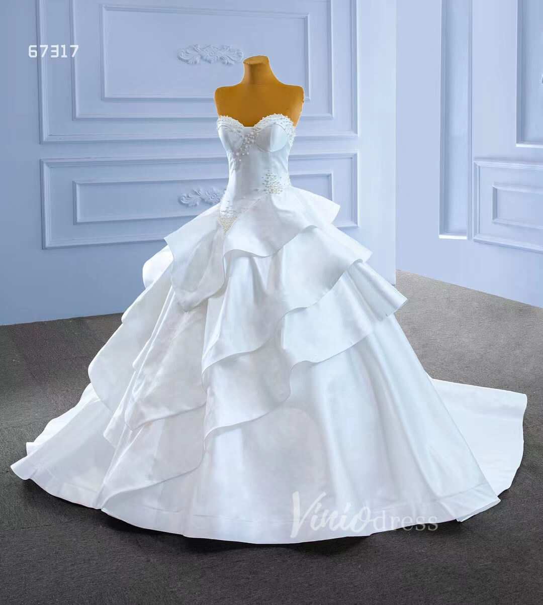 Vintage Tiered Satin Wedding Dress Ball Gown 67317-wedding dresses 2025 -Viniodress-Ivory-Custom Size-