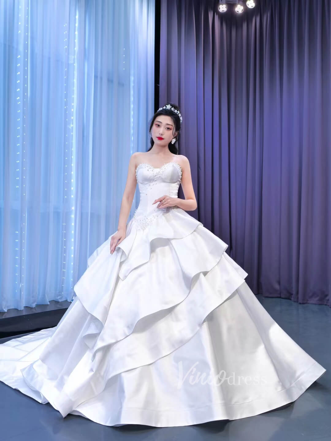 Vintage Tiered Satin Wedding Dress Ball Gown 67317-wedding dresses 2025 -Viniodress-Ivory-Custom Size-