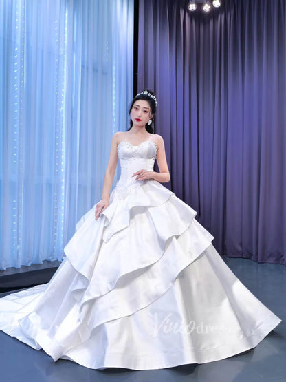 Vintage Tiered Satin Wedding Dress Ball Gown 67317-wedding dresses 2025 -Viniodress-Ivory-Custom Size-