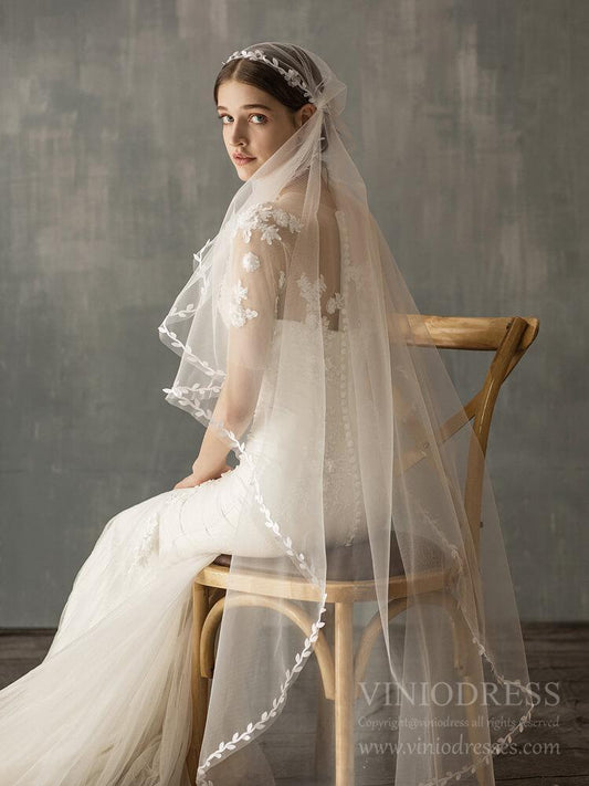 Vintage Waltz Length Bridal Veil with Leaf AC1240-Bridal Veil 2025 -Viniodress-Ivory-
