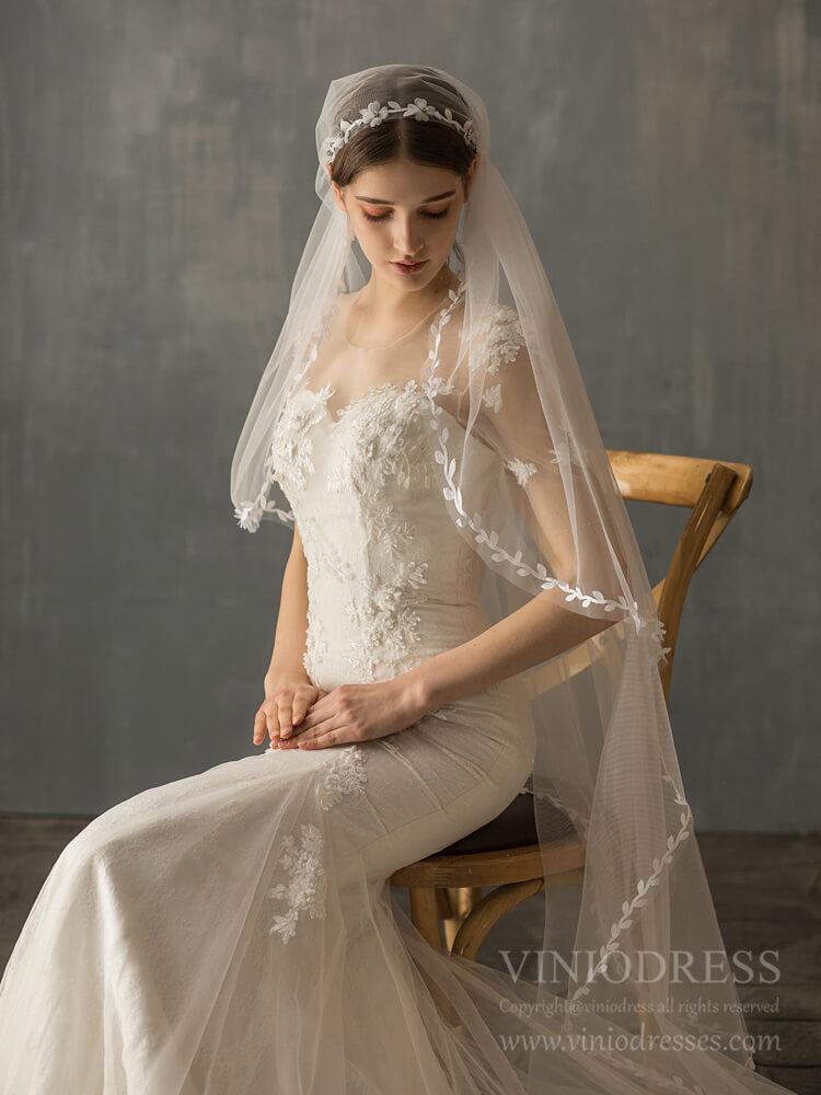 Vintage Waltz Length Bridal Veil with Leaf AC1240-Veils-Viniodress-Ivory-Viniodress