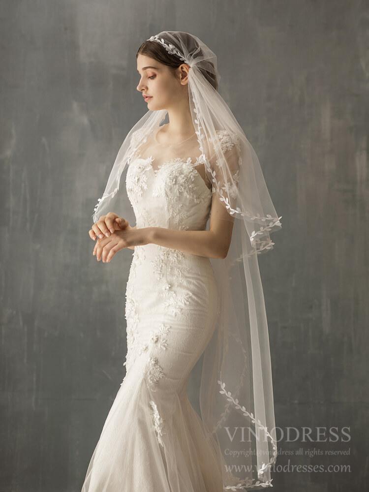 Vintage Waltz Length Bridal Veil with Leaf AC1240-Veils-Viniodress-Ivory-Viniodress