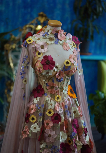 Vintage Wildflower Floral Wedding Dress with Cape | Sweetheart Corset Gown with Basque Waist FW137-wedding dresses 2025 -Viniodress-Pink-Custom Size-