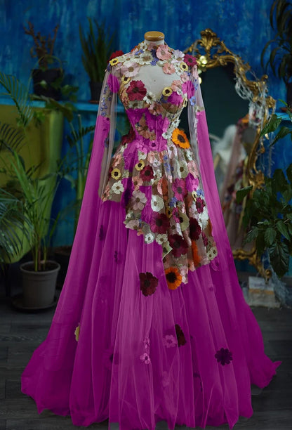 Vintage Wildflower Floral Wedding Dress with Cape | Sweetheart Corset Gown with Basque Waist FW137-wedding dresses 2025 -Viniodress-Pink-Custom Size-