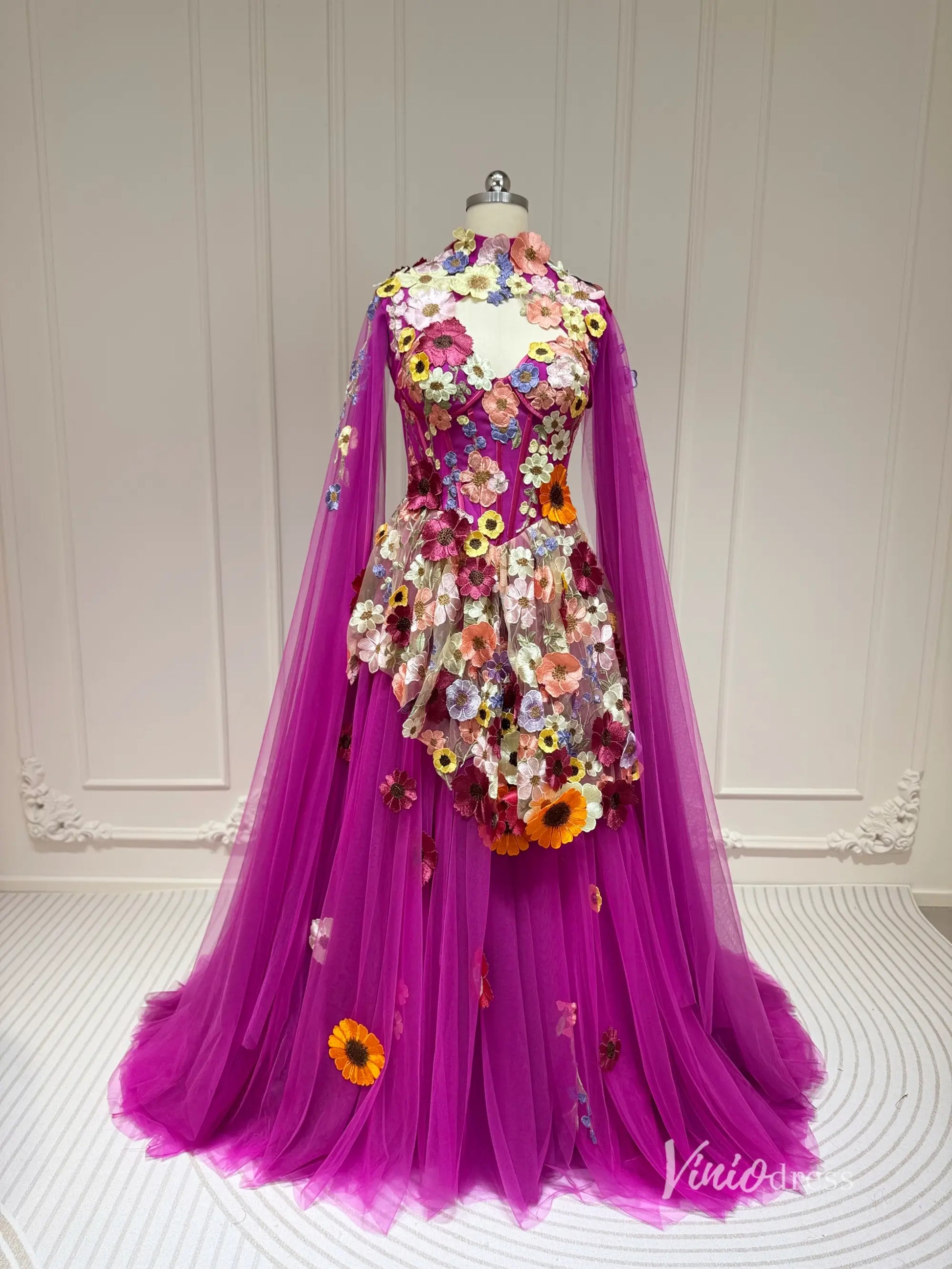 Vintage Wildflower Floral Wedding Dress with Cape | Sweetheart Corset Gown with Basque Waist FW137-wedding dresses 2025 -Viniodress-Pink-Custom Size-