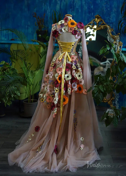 Vintage Wildflower Floral Wedding Dress with Cape | Sweetheart Corset Gown with Basque Waist FW137-wedding dresses 2025 -Viniodress-Pink-Custom Size-