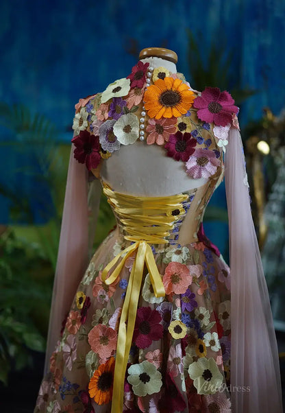 Vintage Wildflower Floral Wedding Dress with Cape | Sweetheart Corset Gown with Basque Waist FW137-wedding dresses 2025 -Viniodress-Pink-Custom Size-