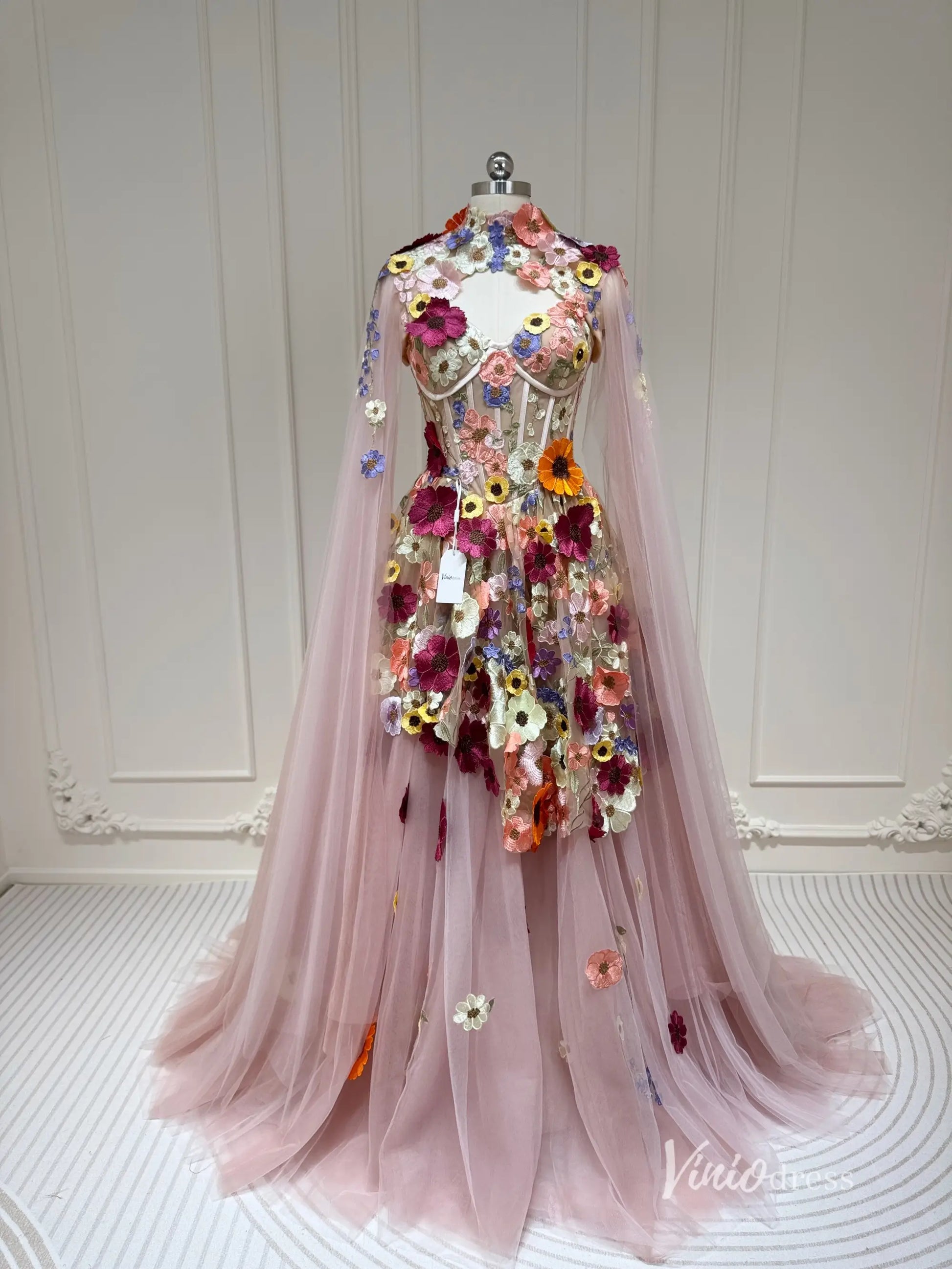 Vintage Wildflower Floral Wedding Dress with Cape | Sweetheart Corset Gown with Basque Waist FW137-wedding dresses 2025 -Viniodress-Pink-Custom Size-