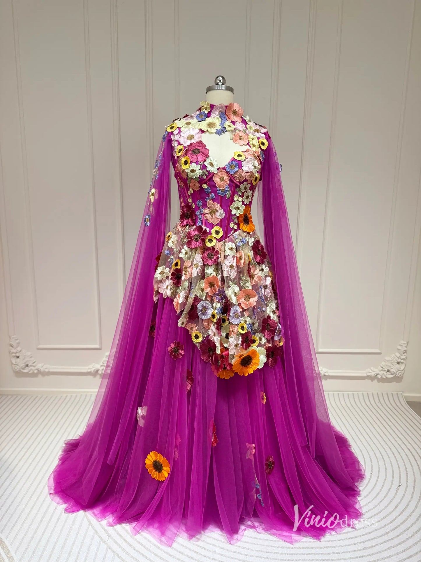 Vintage Wildflower Floral Wedding Dress with Cape | Sweetheart Corset Gown with Basque Waist FW137-wedding dresses 2025 -Viniodress-Pink-Custom Size-