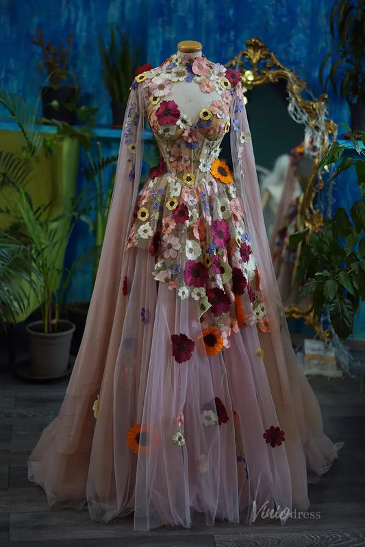 Vintage Wildflower Floral Wedding Dress with Cape | Sweetheart Corset Gown with Basque Waist FW137-wedding dresses 2025 -Viniodress-Pink-Custom Size-