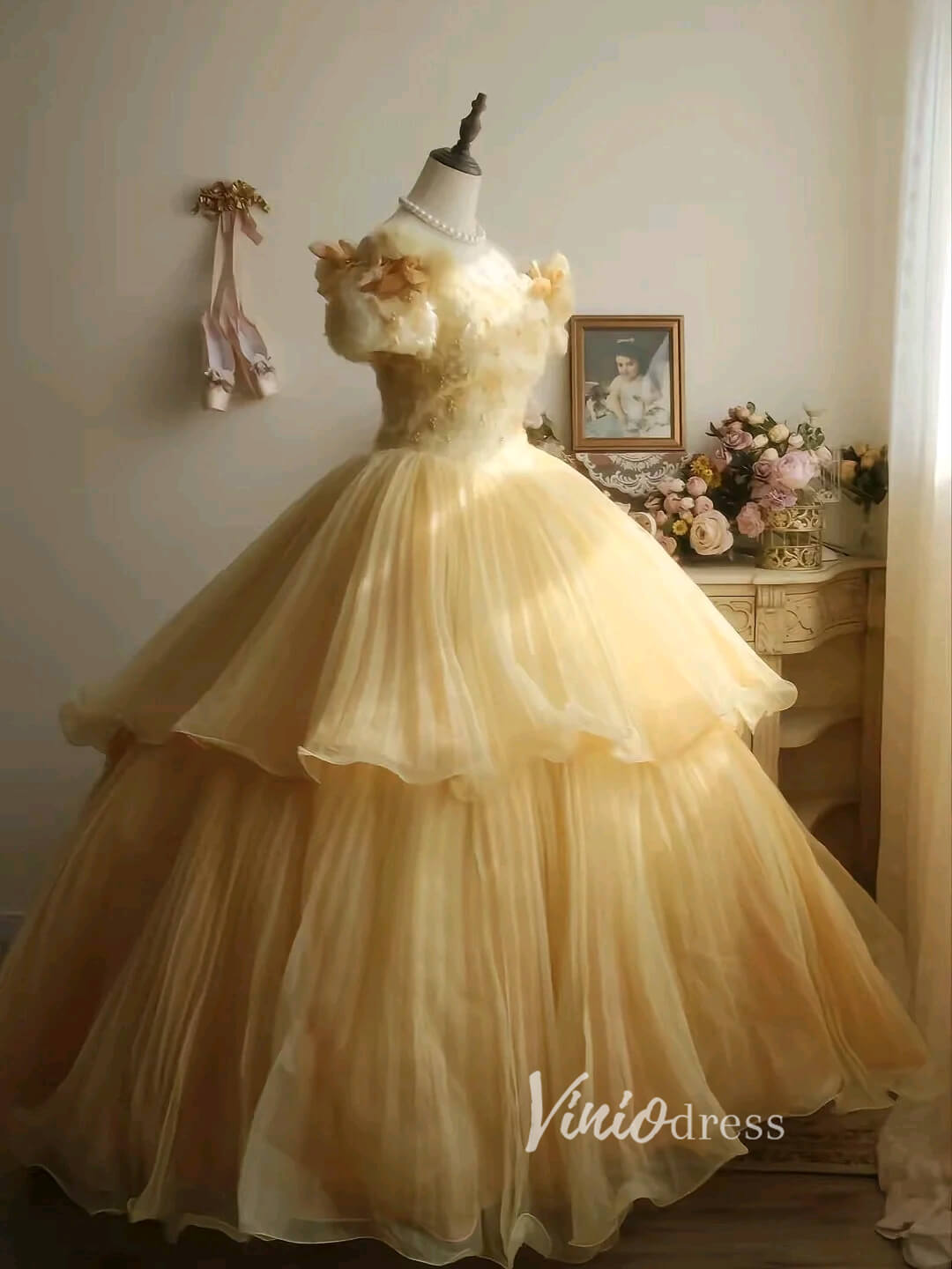 Vintage Yellow Ball Gowns Vintage Organza Quince Dresses FD3447-Quinceanera Dresses 2025 -Viniodress-Yellow-Custom Size-