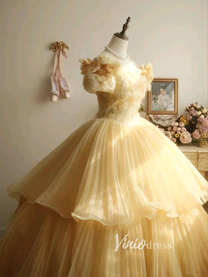 Vintage Yellow Ball Gowns Vintage Organza Quince Dresses FD3447-Quinceanera Dresses 2025 -Viniodress-Yellow-Custom Size-