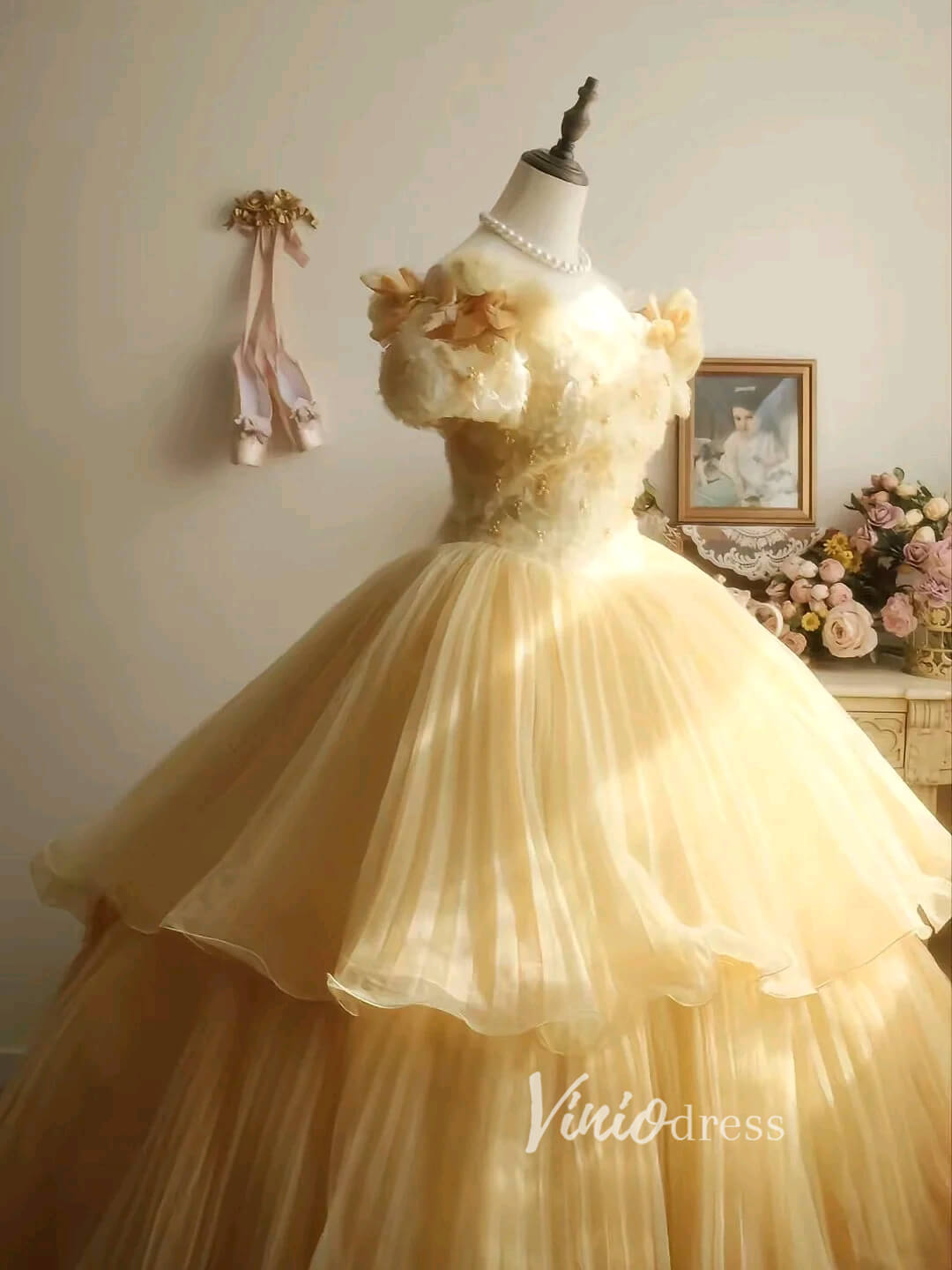 Vintage Yellow Ball Gowns Vintage Organza Quince Dresses FD3447-Quinceanera Dresses-Viniodress-Viniodress