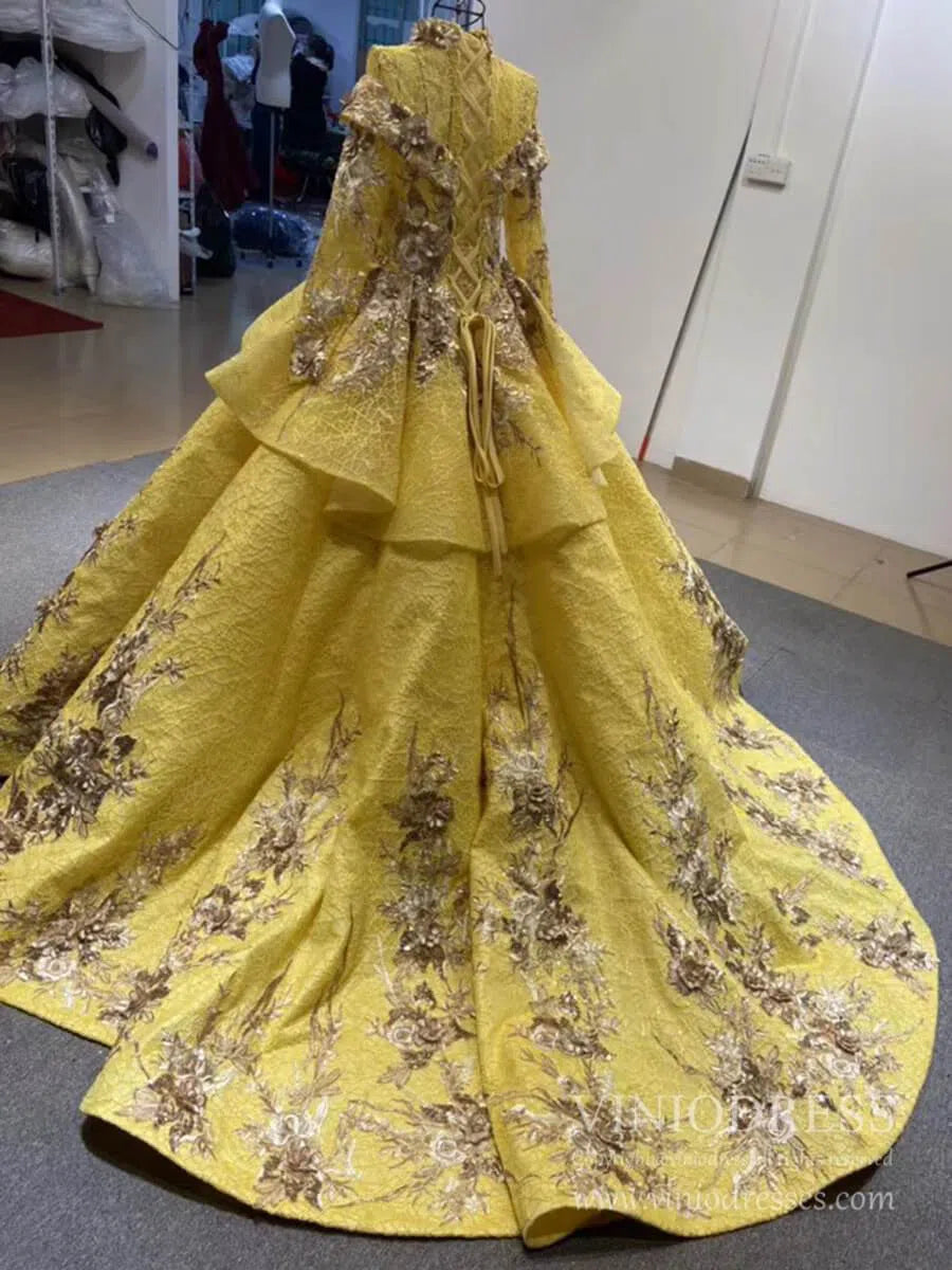 Vintage Yellow Muslim Wedding Dress High Neck Ball Gown viniodress-Quinceanera Dresses 2025 -Viniodress-Yellow-Custom Size-