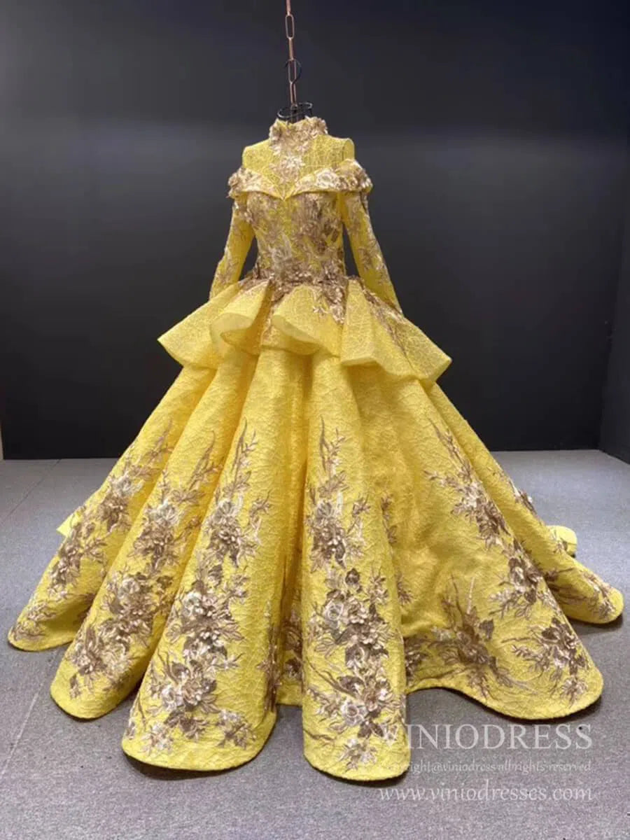 Vintage Yellow Muslim Wedding Dress High Neck Ball Gown viniodress-Quinceanera Dresses 2025 -Viniodress-Yellow-Custom Size-