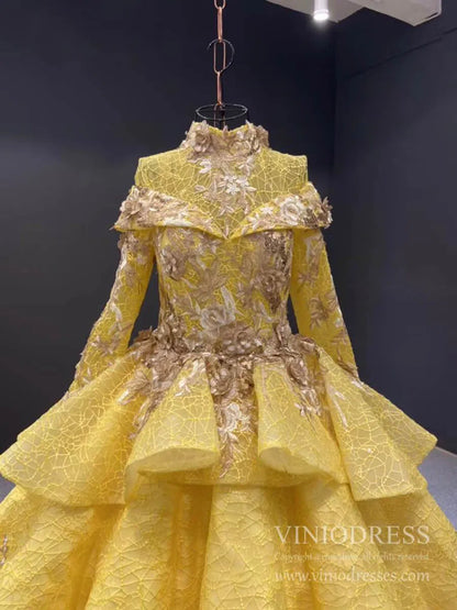Vintage Yellow Muslim Wedding Dress High Neck Ball Gown viniodress-Quinceanera Dresses 2025 -Viniodress-Yellow-Custom Size-
