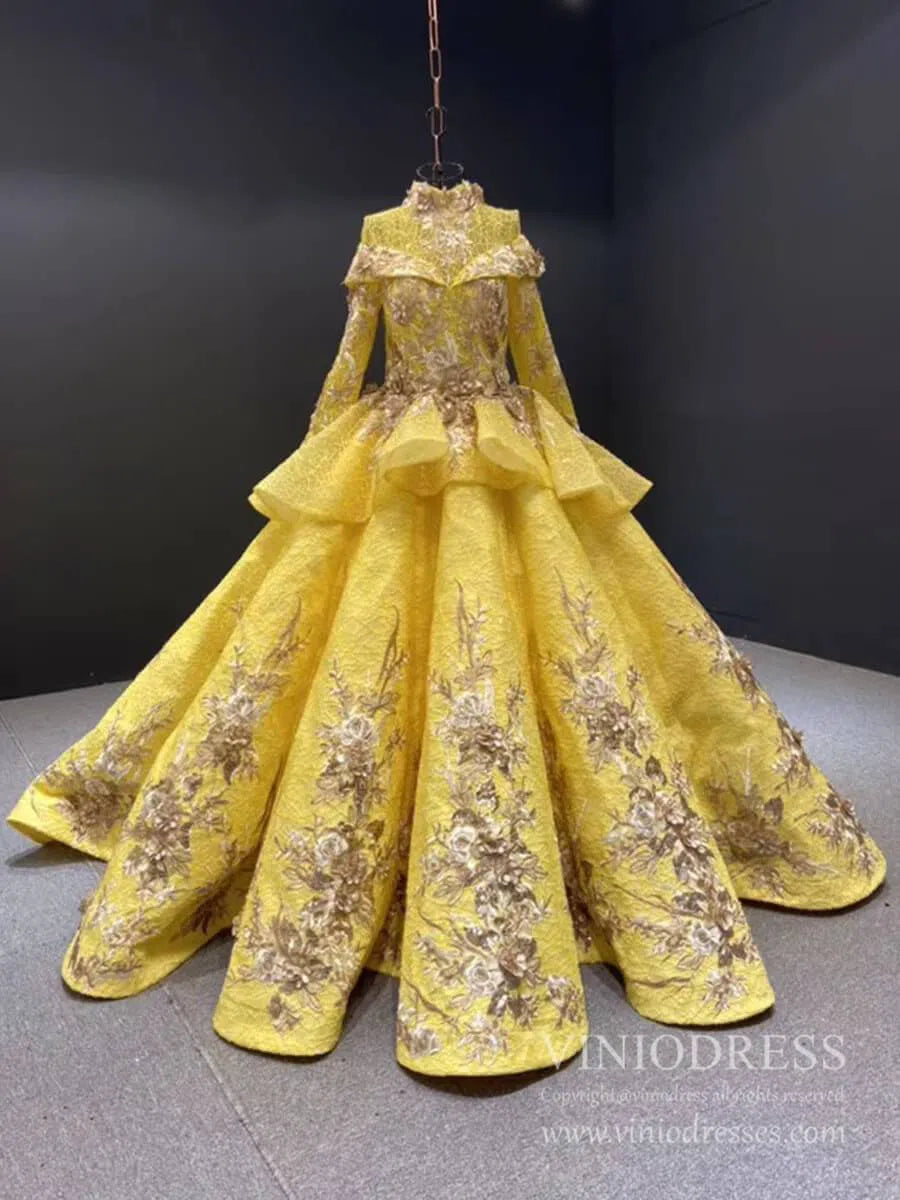 Vintage Yellow Muslim Wedding Dress High Neck Ball Gown viniodress-Quinceanera Dresses 2025 -Viniodress-Yellow-Custom Size-