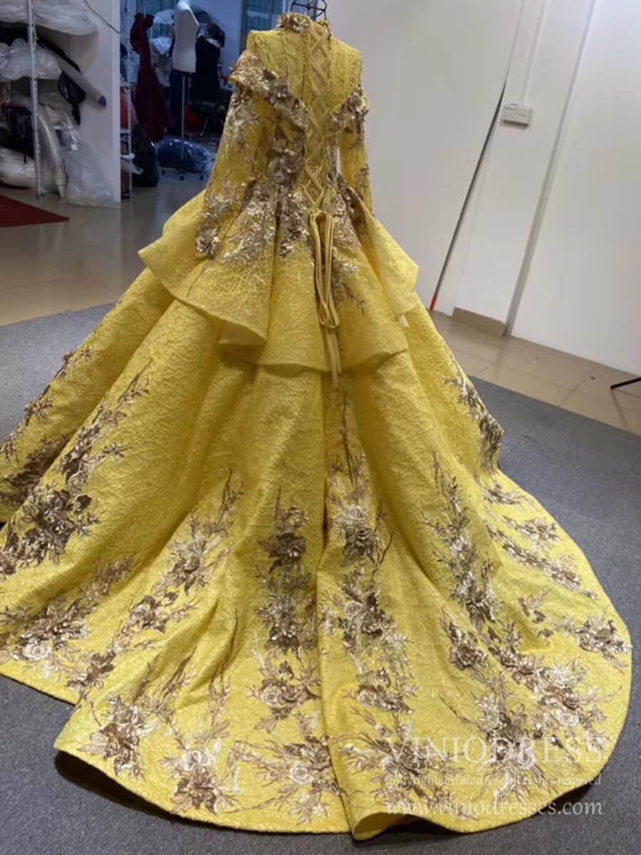 Prom Dress 2025 Vintage Yellow Muslim Wedding Dress High Neck Ball Gown viniodress-unique Quinceanera Dresses-Yellow-Custom Size-Viniodress