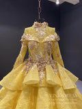 Prom Dress 2025 Vintage Yellow Muslim Wedding Dress High Neck Ball Gown viniodress-unique Quinceanera Dresses-Yellow-Custom Size-Viniodress