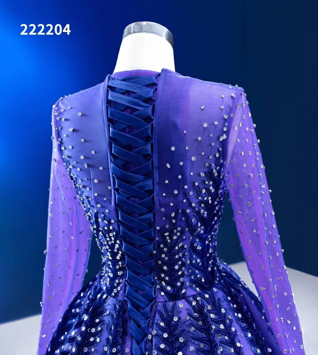 Violet Blue Ball Gowns Beaded Long Sleeve Wedding Dress 222204-Quinceanera Dresses 2025 -Viniodress-Blue-Custom Size-