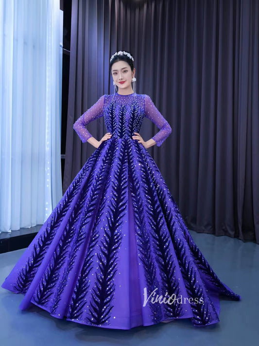 Violet Blue Ball Gowns Beaded Long Sleeve Wedding Dress 222204-Quinceanera Dresses-Viniodress-Blue-Custom Size-Viniodress