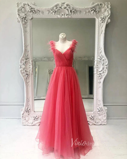 Watermelon Red Tulle Prom Dresses Long Evening Gown FD1134-prom dresses 2025 -Viniodress-Watermelon Red-Custom Size-