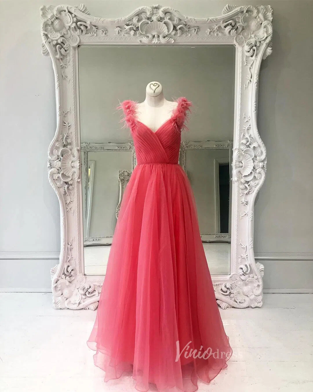 Watermelon Red Tulle Prom Dresses Long Evening Gown FD1134-prom dresses-Viniodress-Watermelon Red-Custom Size-Viniodress