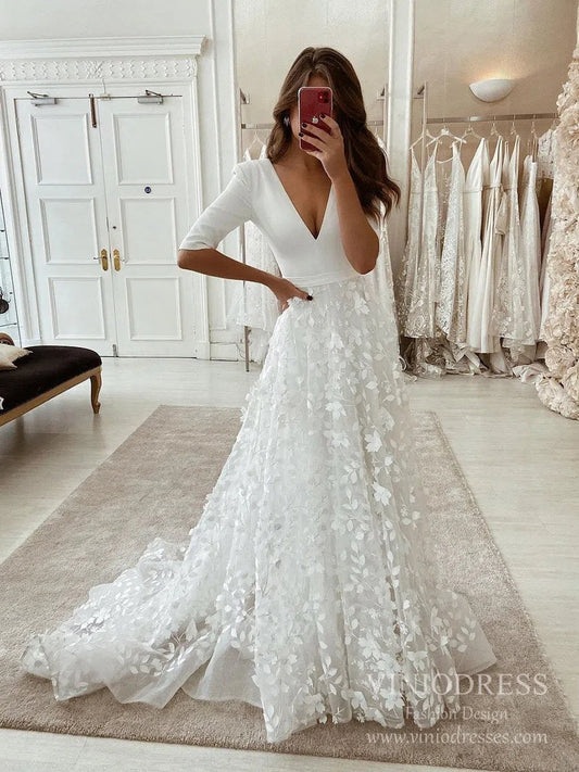 3D Leaf Lace Country Wedding Dresses Half Sleeve V-neck Bridal Gown VW1869-wedding dresses-Viniodress-Ivory-Custom Size-Viniodress