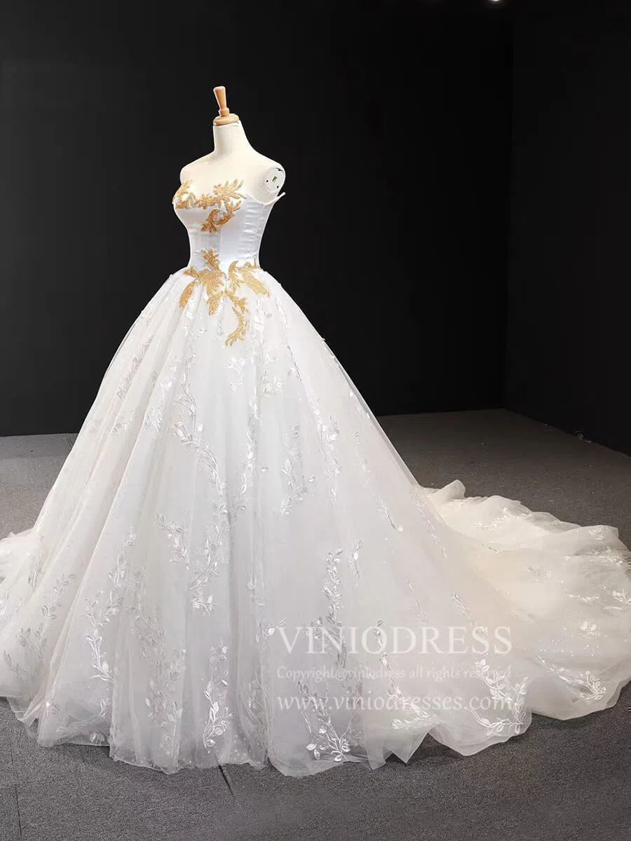 Ball Gown Strapless Wedding Dresses Gold Beaded Classy Wedding Gown VW1424-wedding dresses-Viniodress-Viniodress