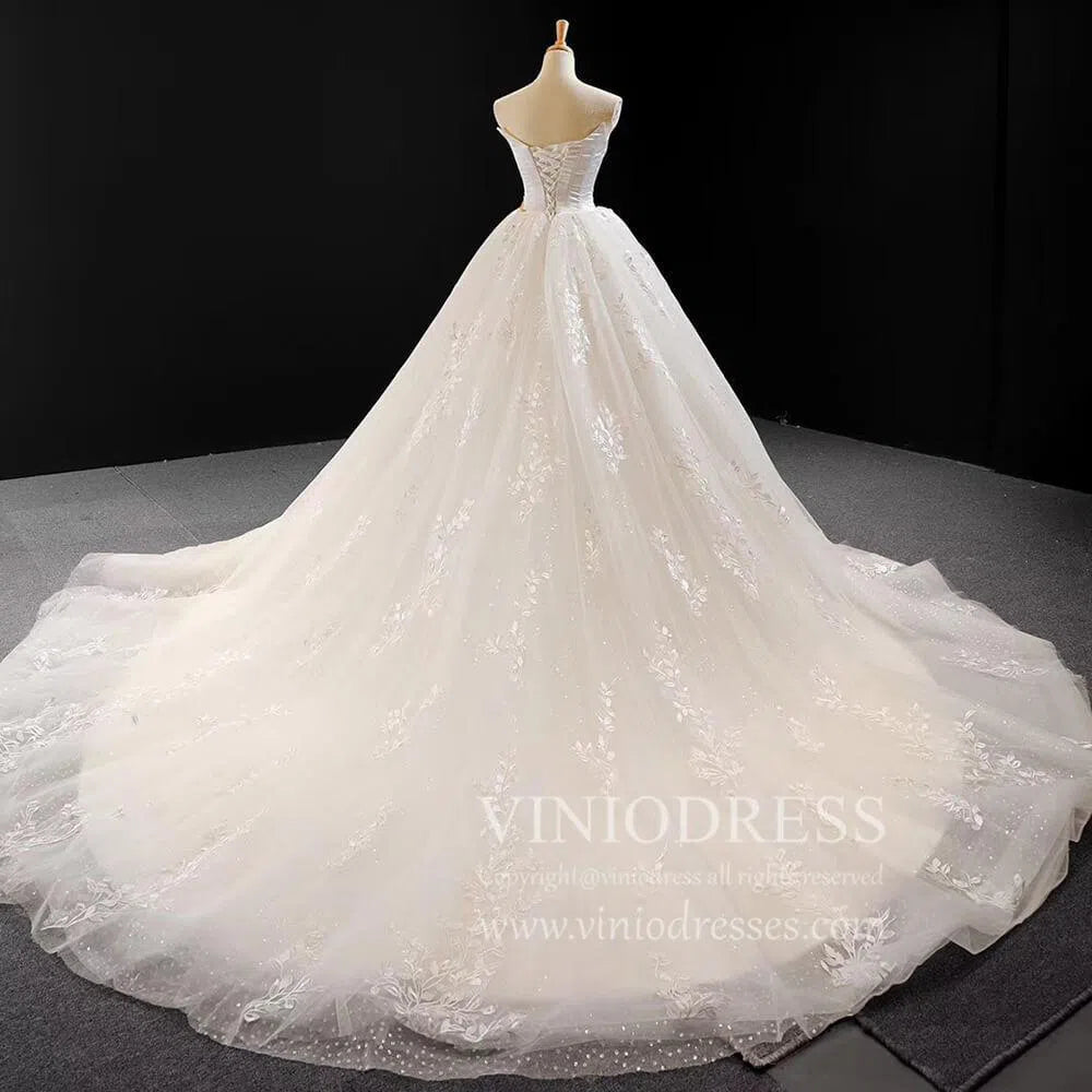 Ball Gown Strapless Wedding Dresses Gold Beaded Classy Wedding Gown VW1424-wedding dresses-Viniodress-Viniodress