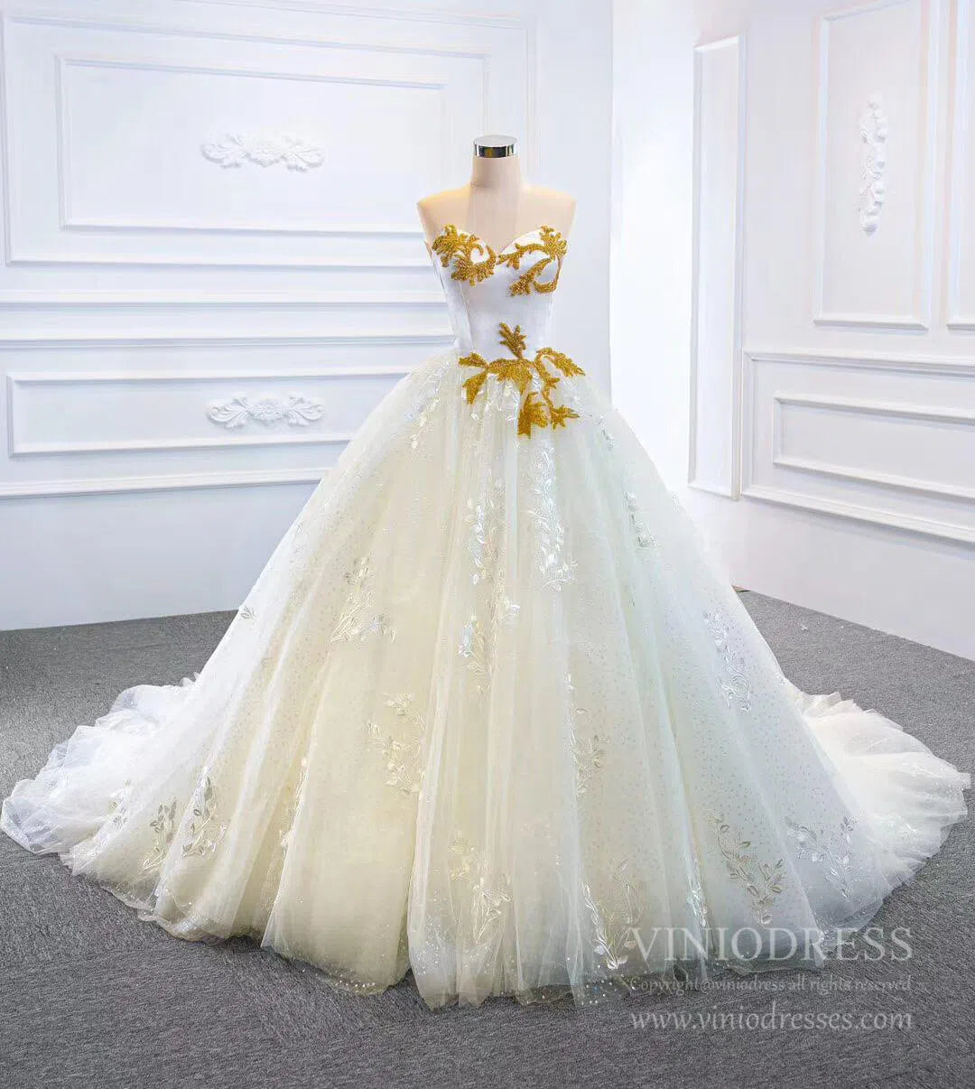 Ball Gown Strapless Wedding Dresses Gold Beaded Classy Wedding Gown VW1424-wedding dresses-Viniodress-Viniodress