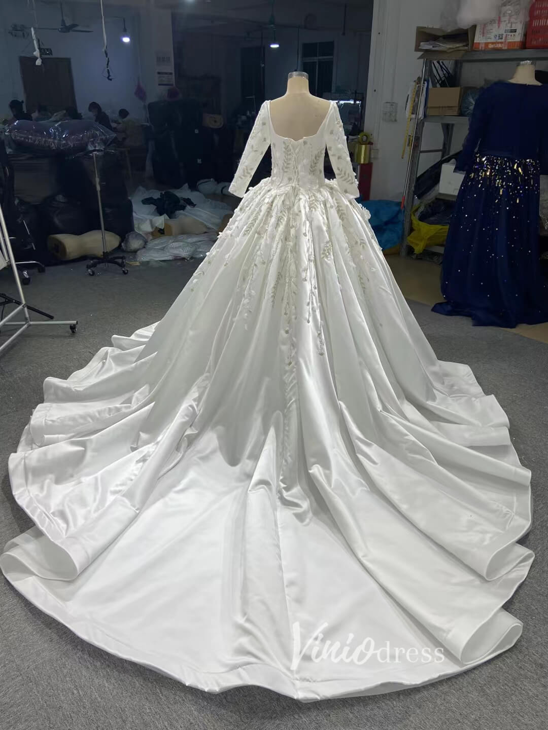 Beaded 3D Flower Satin Wedding Dresses with Sleeves 67282-wedding dresses-Viniodress-Viniodress