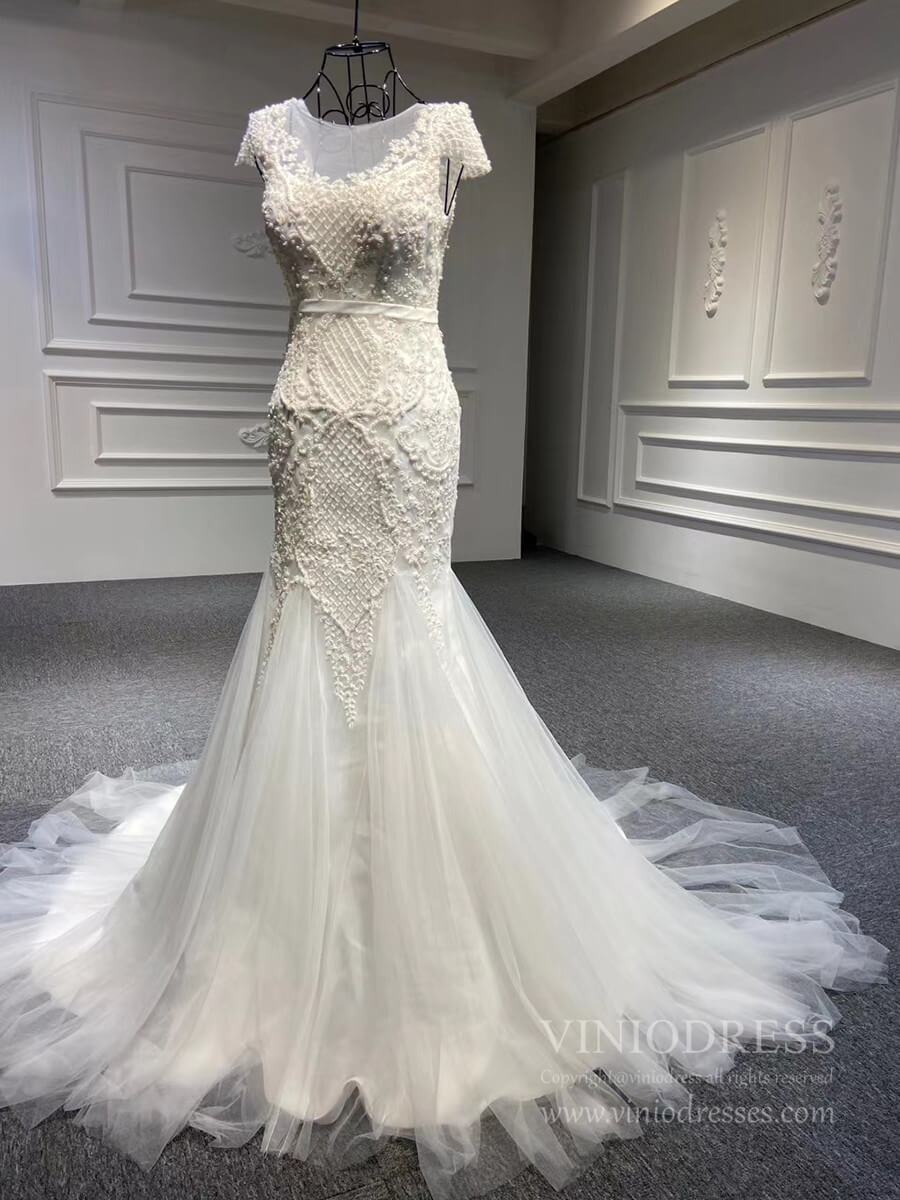 Beaded Cap Sleeve Mermaid Wedding Dresses Tulle Fit and Flare Dress VW1768-wedding dresses-Viniodress-Viniodress