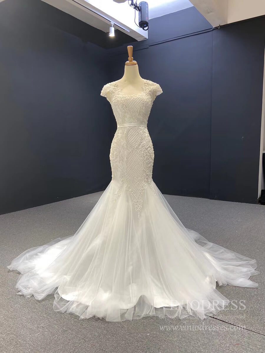 Beaded Cap Sleeve Mermaid Wedding Dresses Tulle Fit and Flare Dress VW1768-wedding dresses-Viniodress-Ivory-Custom Size-Viniodress