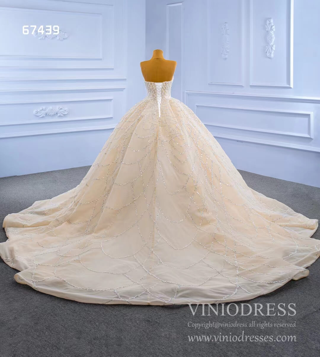 Beaded Champagne Ball Gown Wedding Dress Strapless 67439-wedding dresses-Viniodress-Viniodress