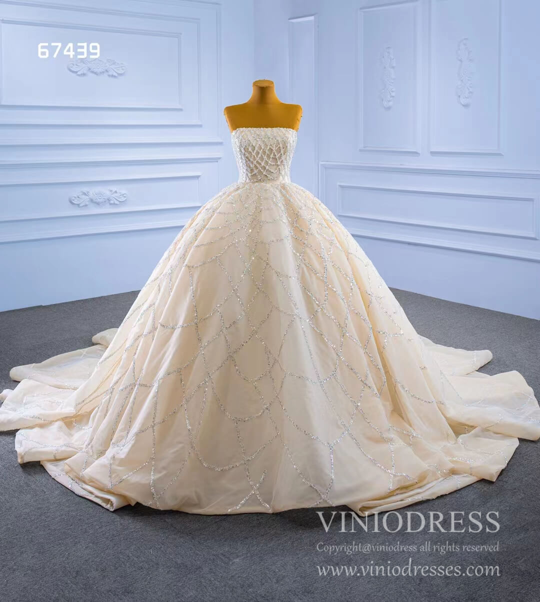 Beaded Champagne Ball Gown Wedding Dress Strapless 67439-wedding dresses-Viniodress-Champagne-Custom Size-Viniodress