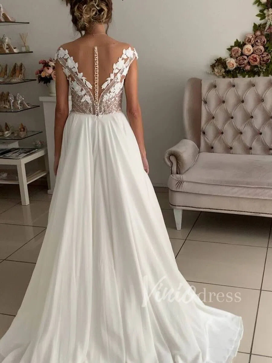 Beaded Chiffon Beach Wedding Dresses with Side Slit VW1260-wedding dresses-Viniodress-Viniodress