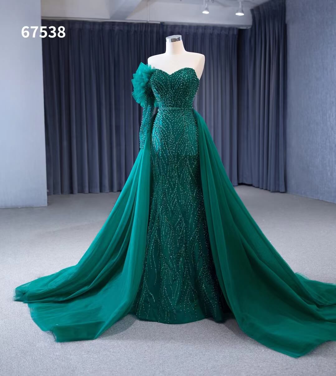 Beaded Green Mermaid Wedding Dresses Removable Overskirt One Shoulder Formal Dress 67538 - Viniodresswedding dressesGreenCustom Size - Formal Dresses - Ball Gowns