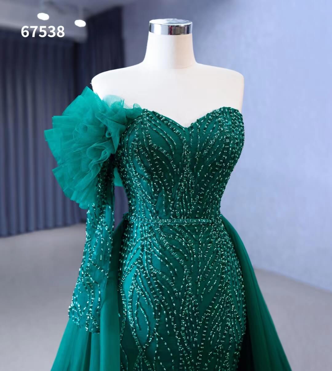 Beaded Green Mermaid Wedding Dresses Removable Overskirt One Shoulder Formal Dress 67538 - Viniodresswedding dressesGreenCustom Size - Formal Dresses - Ball Gowns