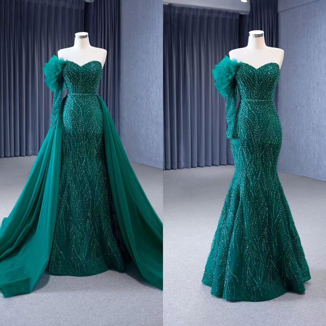 Beaded Green Mermaid Wedding Dresses Removable Overskirt One Shoulder Formal Dress 67538 - Viniodresswedding dressesGreenCustom Size - Formal Dresses - Ball Gowns