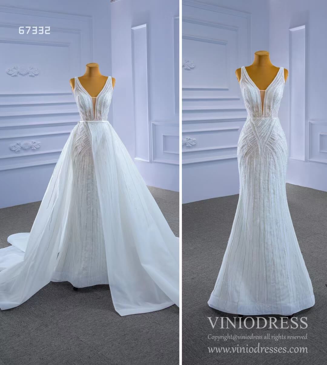 Beaded Lace Mermaid Wedding Dresses with Removable Overskirt Viniodress 67332-wedding dresses-Viniodress-Viniodress