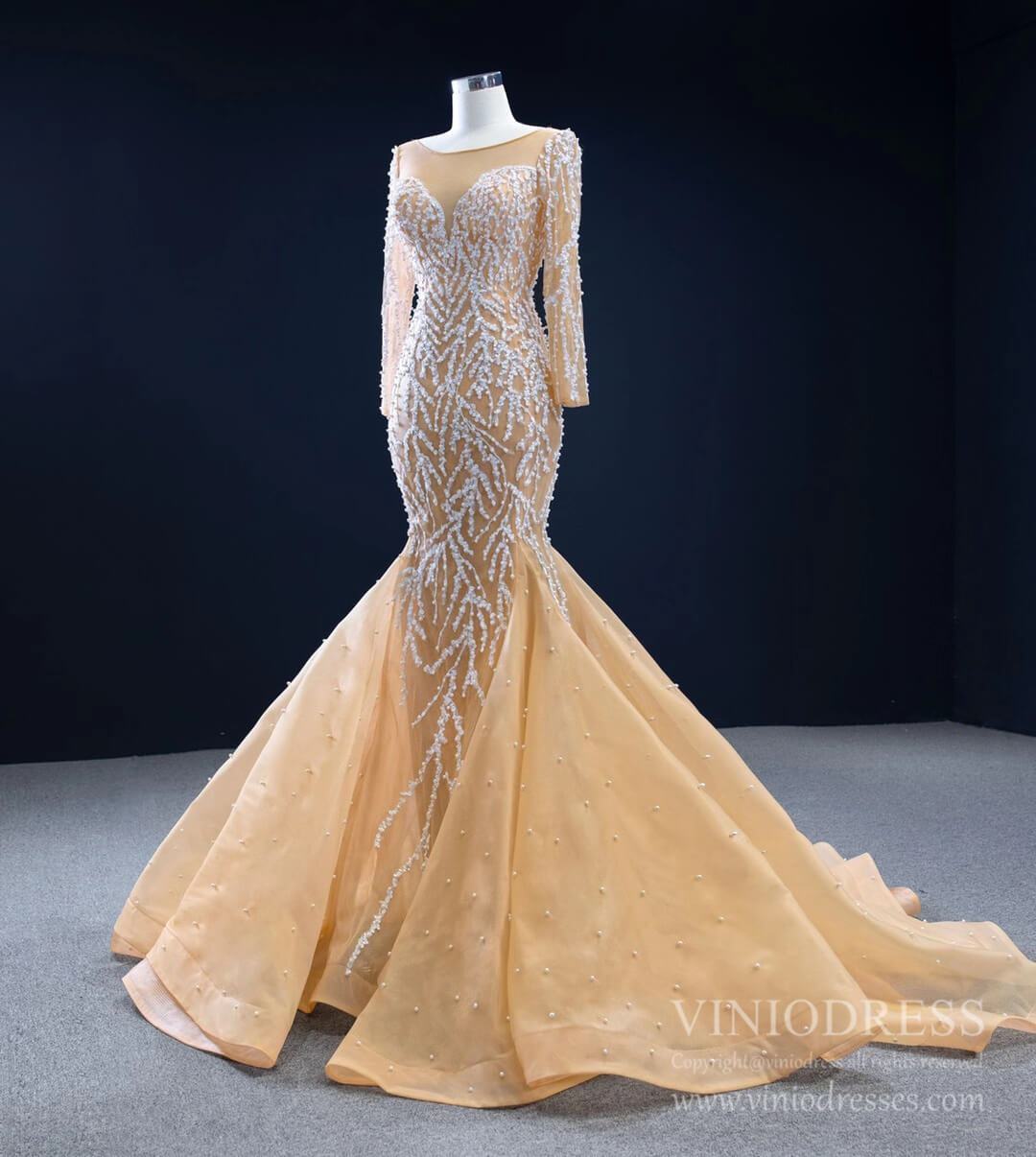 Prom Dress 2025 Beaded Light Gold Mermaid Wedding Dress Long Sleeve 67211 viniodress-unique wedding dresses-Champagne-Custom Size-Viniodress