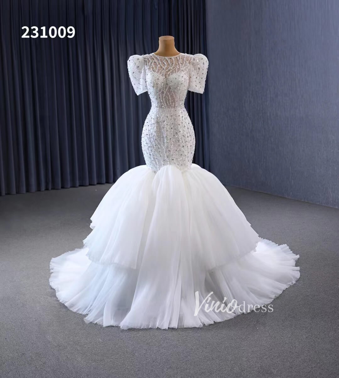 Beaded Mermaid Wedding Dresses Puffed Sleeve Bridal Dress 231009 - Viniodresswedding dressesIvoryCustom Size - Formal Dresses - Ball Gowns