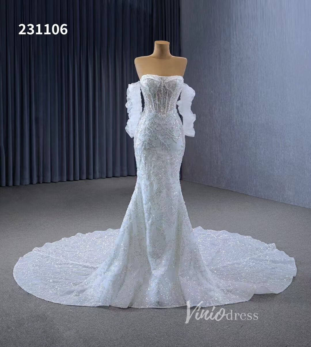 Beaded Strapless Mermaid Wedding Dresses Removable Sleeves 231106 - Viniodresswedding dressesIvoryCustom Size - Formal Dresses - Ball Gowns