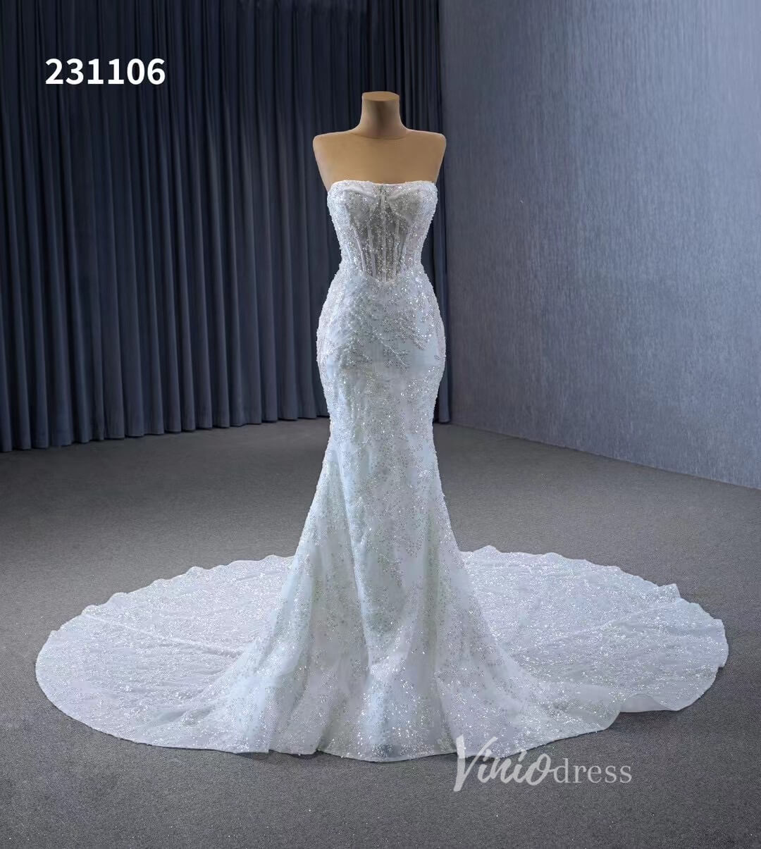 Beaded Strapless Mermaid Wedding Dresses Removable Sleeves 231106 - Viniodresswedding dressesIvoryCustom Size - Formal Dresses - Ball Gowns