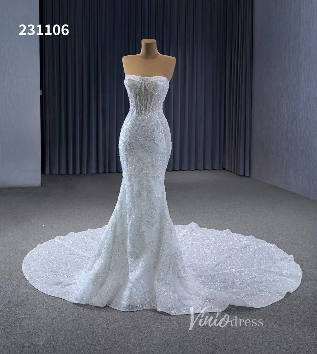 Beaded Strapless Mermaid Wedding Dresses Removable Sleeves 231106 - Viniodresswedding dressesIvoryCustom Size - Formal Dresses - Ball Gowns